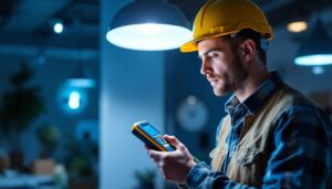 A photograph of a lighting contractor using a handheld light meter in a well-lit interior space