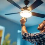 A photograph of a skilled lighting contractor installing or inspecting a stylish ceiling fan with integrated lights in a modern home setting