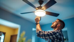 A photograph of a skilled lighting contractor installing or inspecting a stylish ceiling fan with integrated lights in a modern home setting
