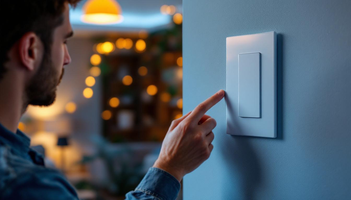 A photograph of a lighting contractor skillfully installing a decora dimmer switch in a stylish home setting