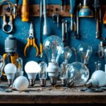 A photograph of a variety of light bulbs with different base types displayed on a workbench