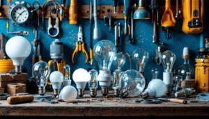 A photograph of a variety of light bulbs with different base types displayed on a workbench