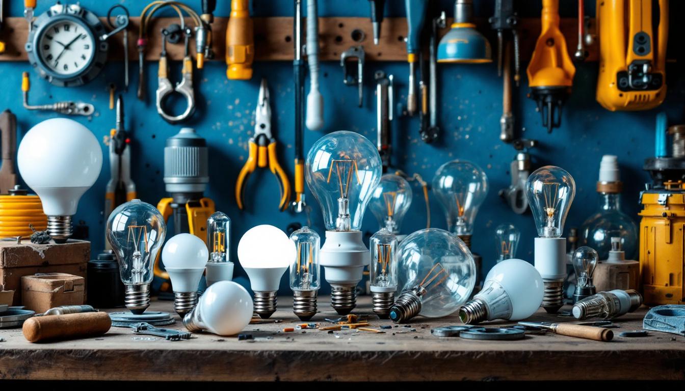 A photograph of a variety of light bulbs with different base types displayed on a workbench