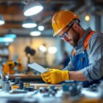 A photograph of a skilled lighting contractor at work