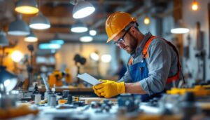 A photograph of a skilled lighting contractor at work