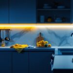 A photograph of a modern kitchen featuring sleek led under cabinet strip lights illuminating the countertop