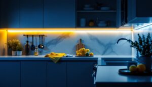 A photograph of a modern kitchen featuring sleek led under cabinet strip lights illuminating the countertop