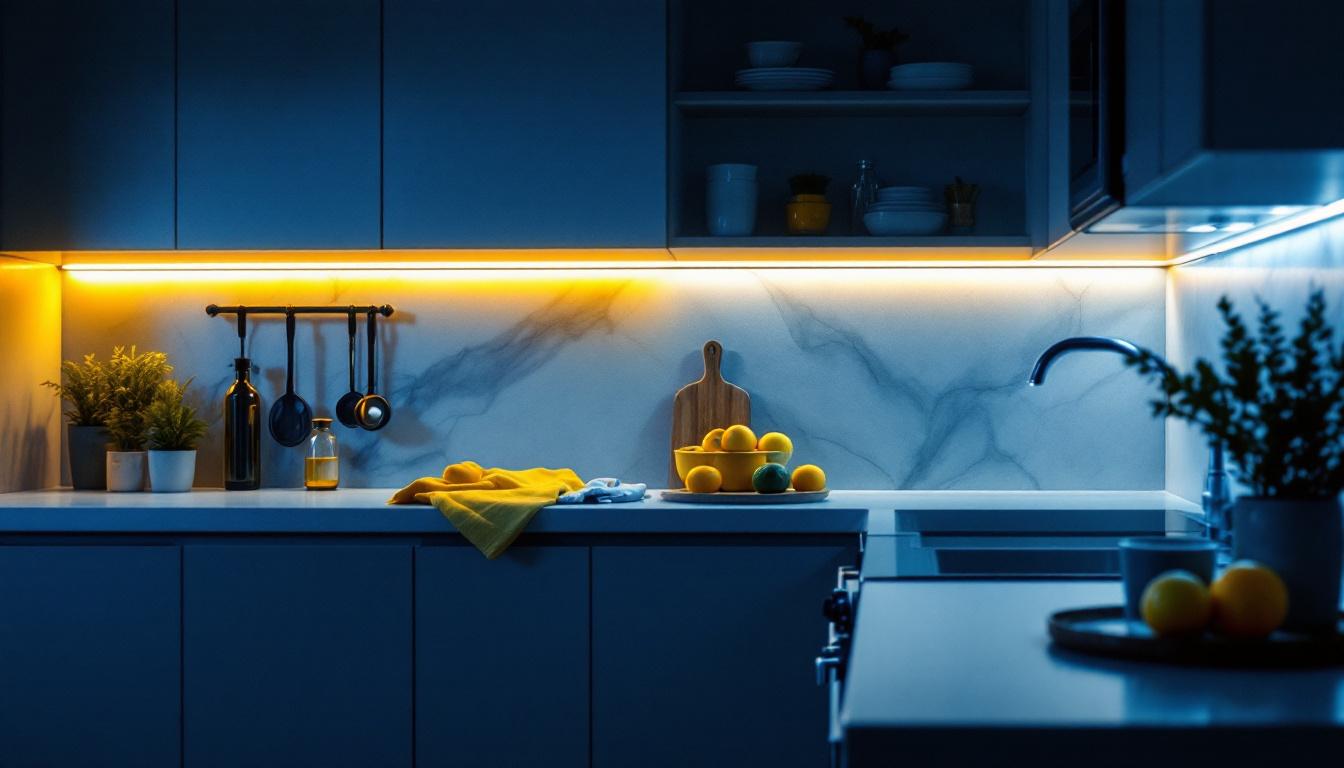 A photograph of a modern kitchen featuring sleek led under cabinet strip lights illuminating the countertop