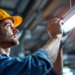 A photograph of a lighting contractor expertly replacing an electronic ballast in a commercial lighting fixture