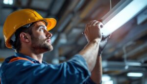 A photograph of a lighting contractor expertly replacing an electronic ballast in a commercial lighting fixture