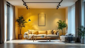 A photograph of a stylish interior space featuring modern track lighting installations