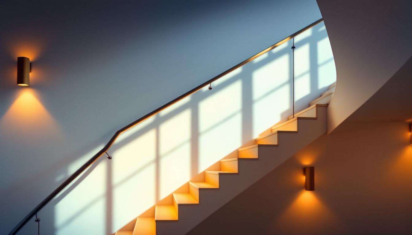A photograph of a beautifully designed indoor staircase illuminated by stylish