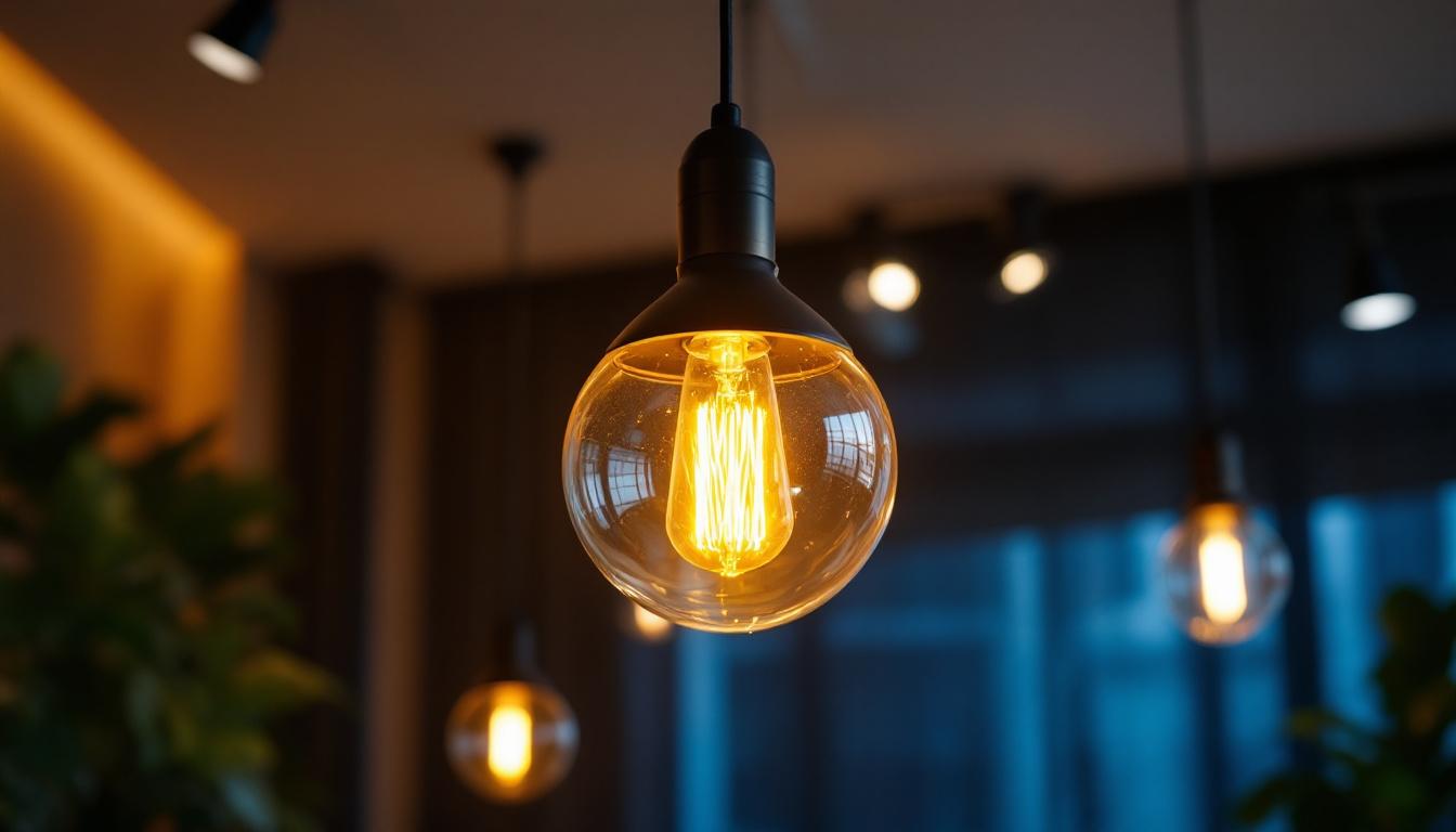 A photograph of a stylish overhead pendant light installation in a modern interior setting