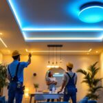 A photograph of a well-lit residential or commercial space showcasing various ceiling lighting designs in action