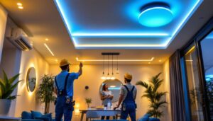 A photograph of a well-lit residential or commercial space showcasing various ceiling lighting designs in action