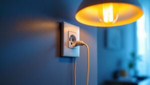 A photograph of a well-designed light fixture with an integrated electrical outlet