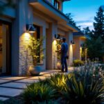 A photograph of a professional lighting contractor installing stylish outdoor lighting fixtures in a beautifully landscaped commercial property