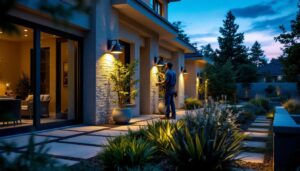 A photograph of a professional lighting contractor installing stylish outdoor lighting fixtures in a beautifully landscaped commercial property