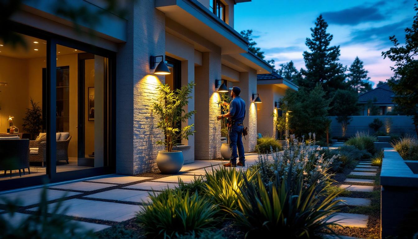 A photograph of a professional lighting contractor installing stylish outdoor lighting fixtures in a beautifully landscaped commercial property