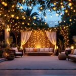 A photograph of a well-lit outdoor scene featuring a beautifully decorated space with 100 ft light strings elegantly draped above