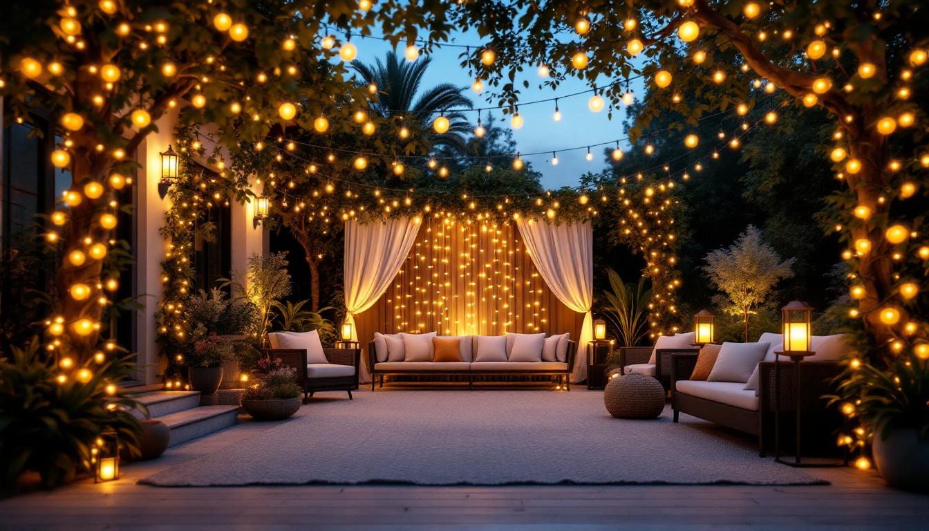 A photograph of a well-lit outdoor scene featuring a beautifully decorated space with 100 ft light strings elegantly draped above