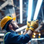 A photograph of a lighting contractor installing keystone led tubes in a commercial space