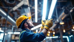 A photograph of a lighting contractor installing keystone led tubes in a commercial space