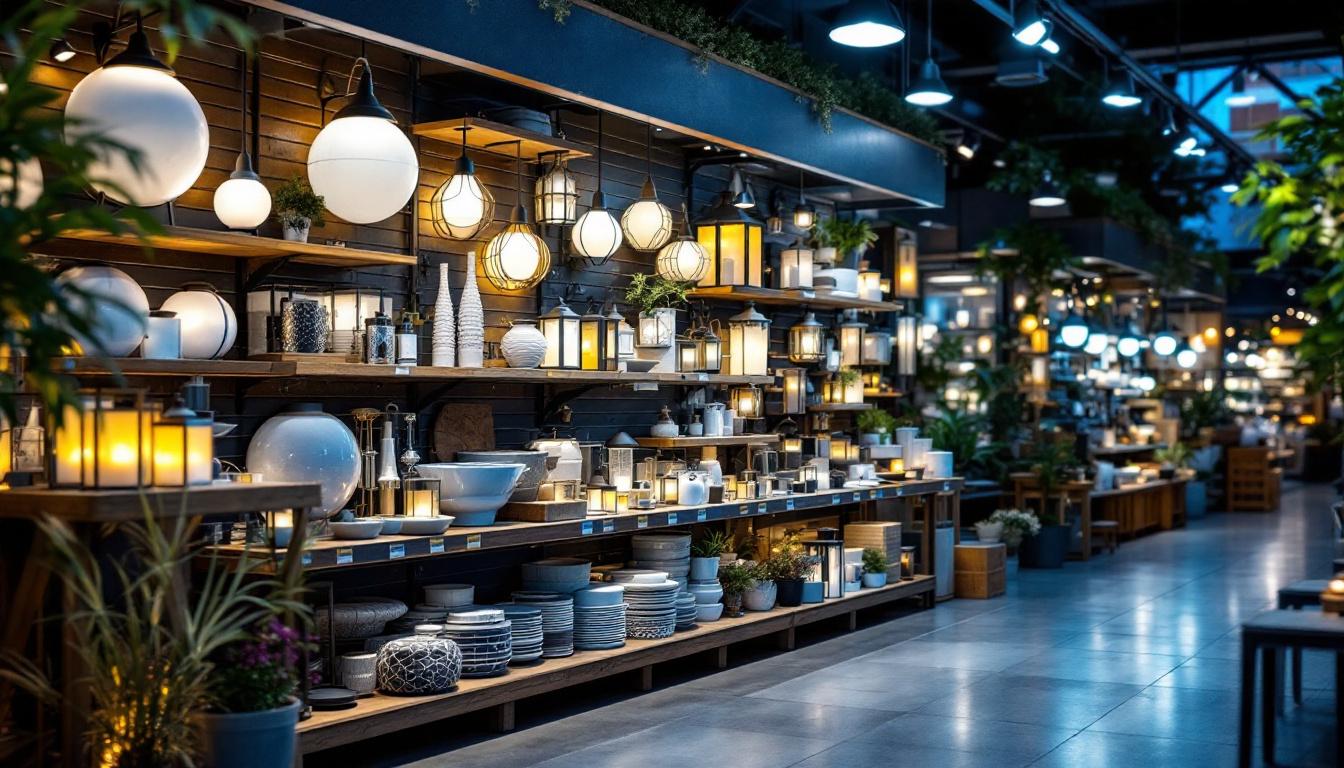 A photograph of a well-organized exterior lighting display at a retail store