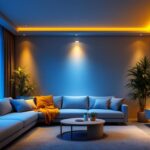 A photograph of a modern living space featuring recessed lighting with motion sensors in action