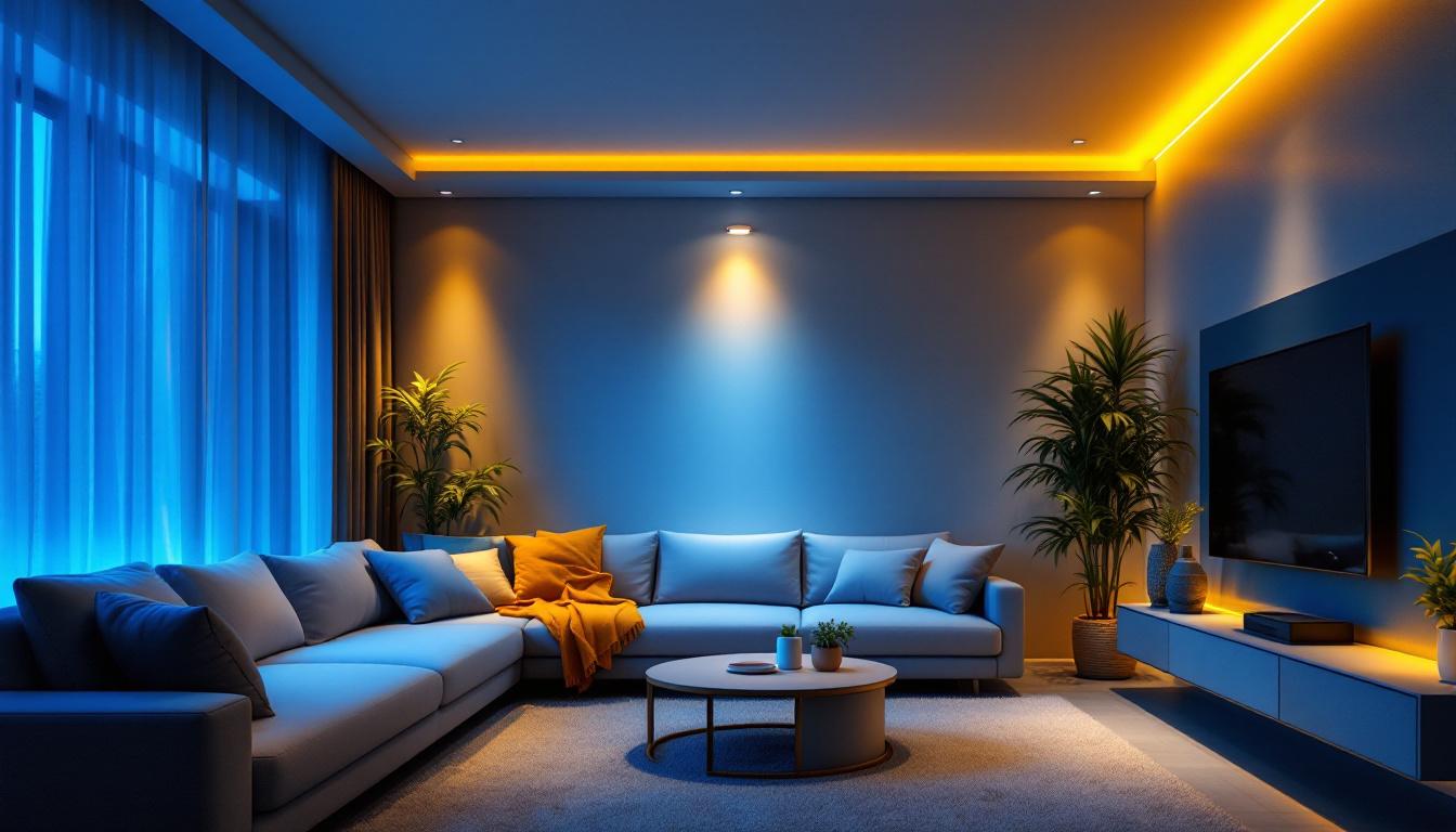 A photograph of a modern living space featuring recessed lighting with motion sensors in action