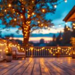 A photograph of a beautifully illuminated outdoor deck adorned with string lights at twilight