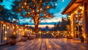 A photograph of a beautifully illuminated outdoor deck adorned with string lights at twilight