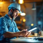A photograph of a lighting contractor examining a bright