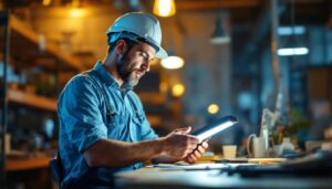 A photograph of a lighting contractor examining a bright