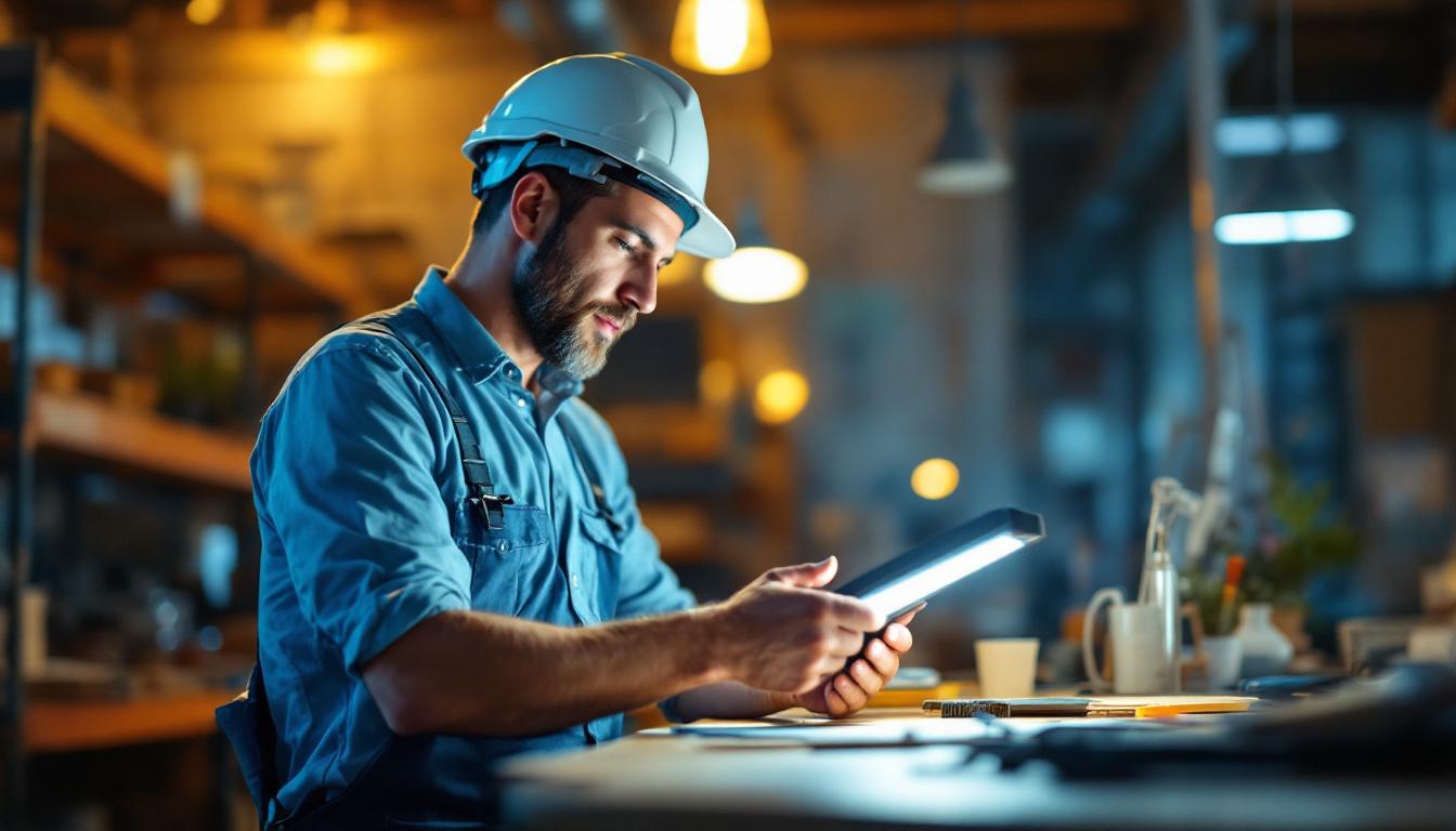 A photograph of a lighting contractor examining a bright