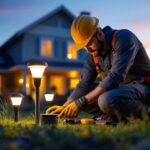 A photograph of a lighting contractor installing solar lights in a residential outdoor setting