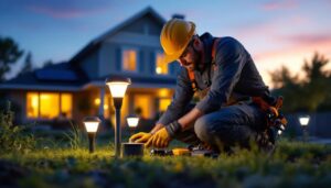 A photograph of a lighting contractor installing solar lights in a residential outdoor setting