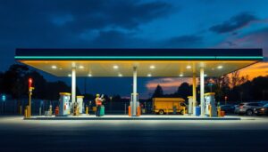 A photograph of a well-lit gas station at dusk