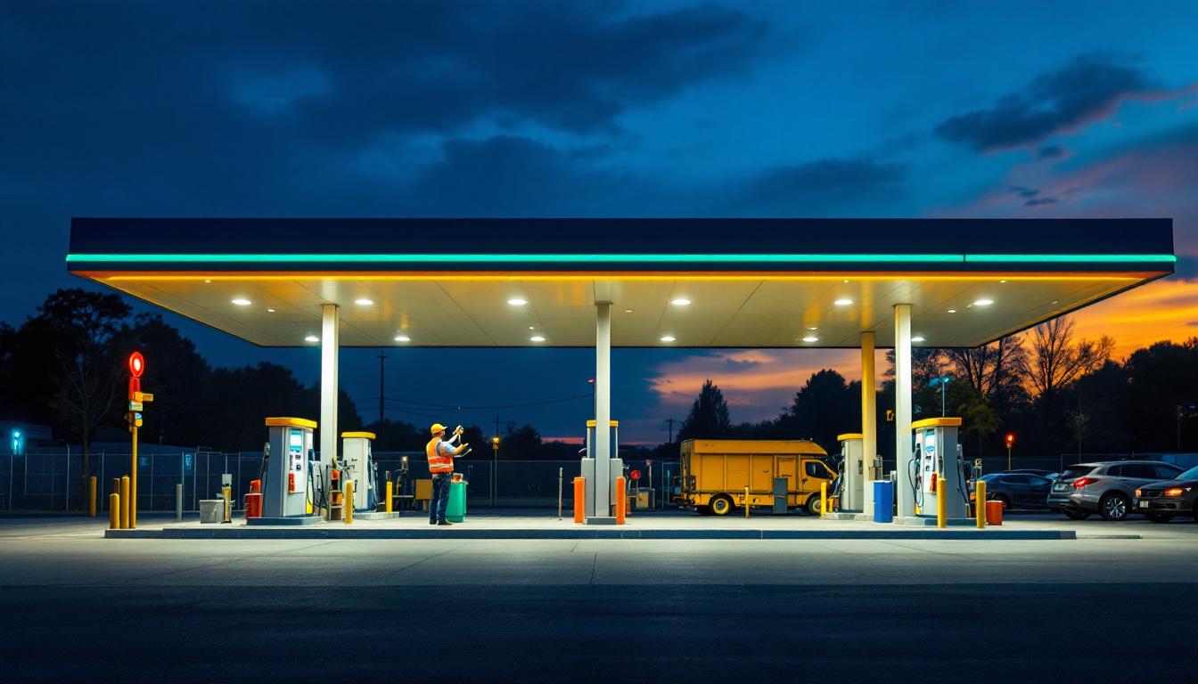 A photograph of a well-lit gas station at dusk