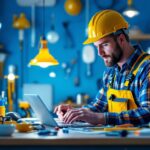 A photograph of a lighting contractor browsing an online lighting store on a laptop or tablet
