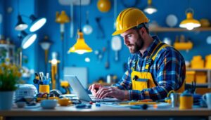 A photograph of a lighting contractor browsing an online lighting store on a laptop or tablet