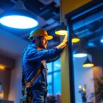 A photograph of a modern lighting contractor expertly installing sleek led fixtures in a contemporary space