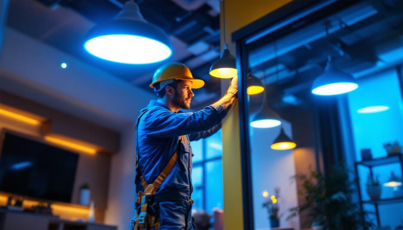 A photograph of a modern lighting contractor expertly installing sleek led fixtures in a contemporary space