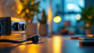 A photograph of a close-up shot of a us power cord plugged into a modern lighting fixture