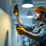 A photograph of a skilled lighting contractor installing smart lighting fixtures in a modern home