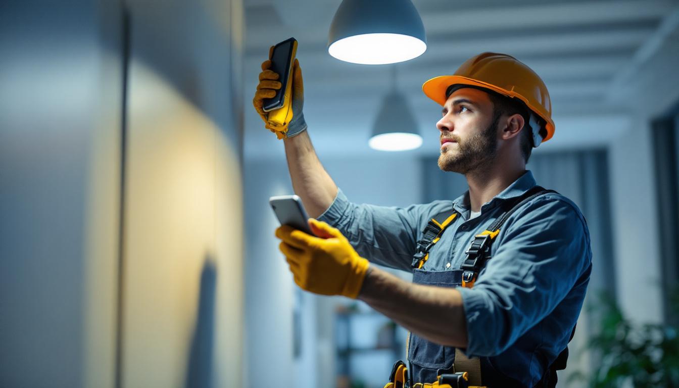 A photograph of a skilled lighting contractor installing smart lighting fixtures in a modern home