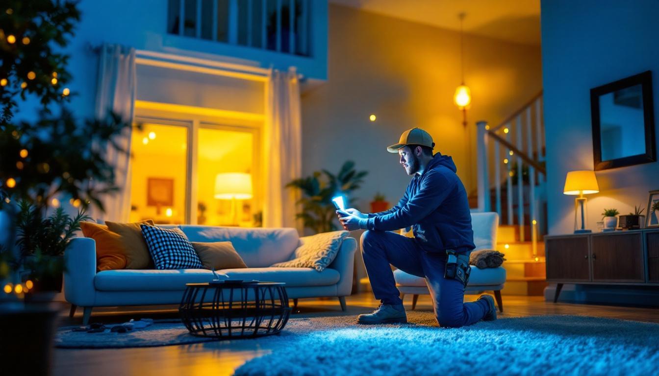A photograph of a lighting contractor installing or showcasing led lights in a residential or commercial setting