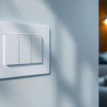 A photograph of a blank wall plate with three gang switches installed in a stylish interior setting