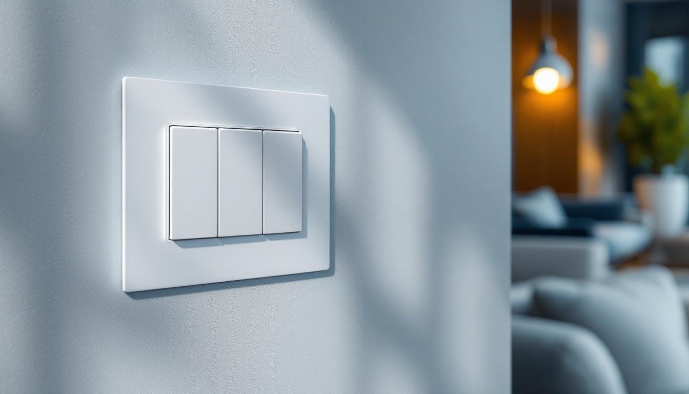 A photograph of a blank wall plate with three gang switches installed in a stylish interior setting