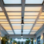 A photograph of a well-lit outdoor space featuring exterior drop ceiling tiles in use